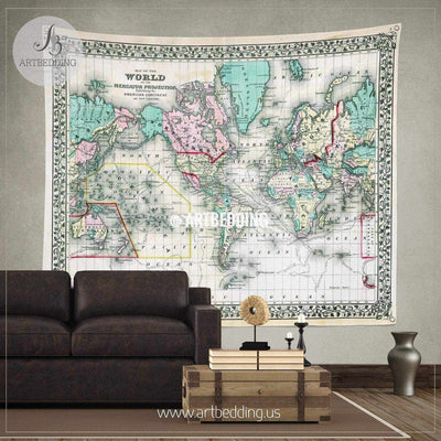 1870 Antique World Map wall tapestry, vintage interior map wall hanging, old map wall decor, vintage map wall art print Tapestry