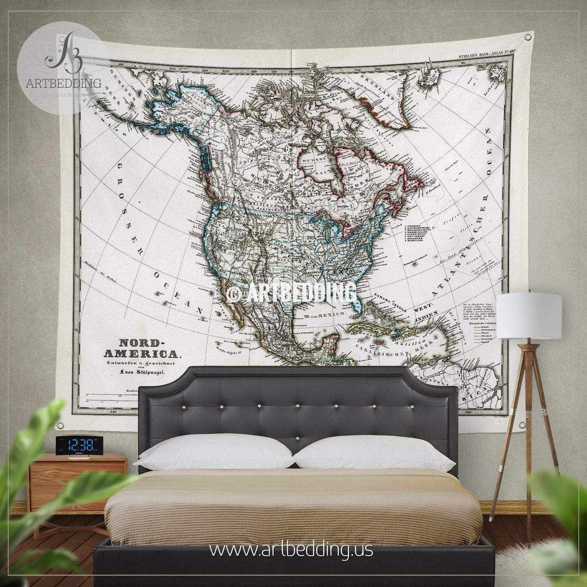 1872 Antique Map of North America Stieler (Light Version) wall tapestr ...