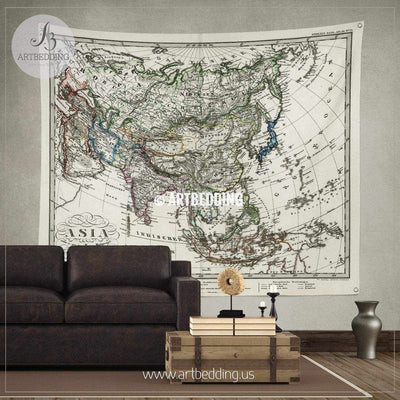 1872 Antique Stieler Map of Asia wall tapestry, vintage interior map wall hanging, old map wall decor, vintage map wall art print Tapestry
