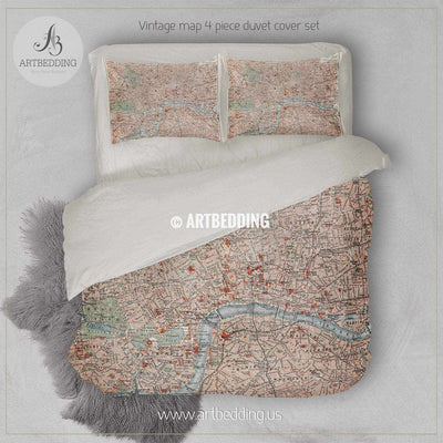 19th century old street map of London bedding, Vintage London old map duvet cover set, Old London map comforter set Bedding set