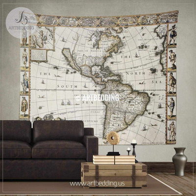 America 1627 old map wall tapestry, vintage interior world map wall hanging, old map wall decor, vintage map wall art print Tapestry