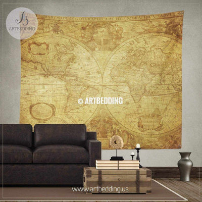 Ancient 1630 world map wall tapestry, vintage interior world map wall hanging, old map wall decor, vintage map wall art print Tapestry