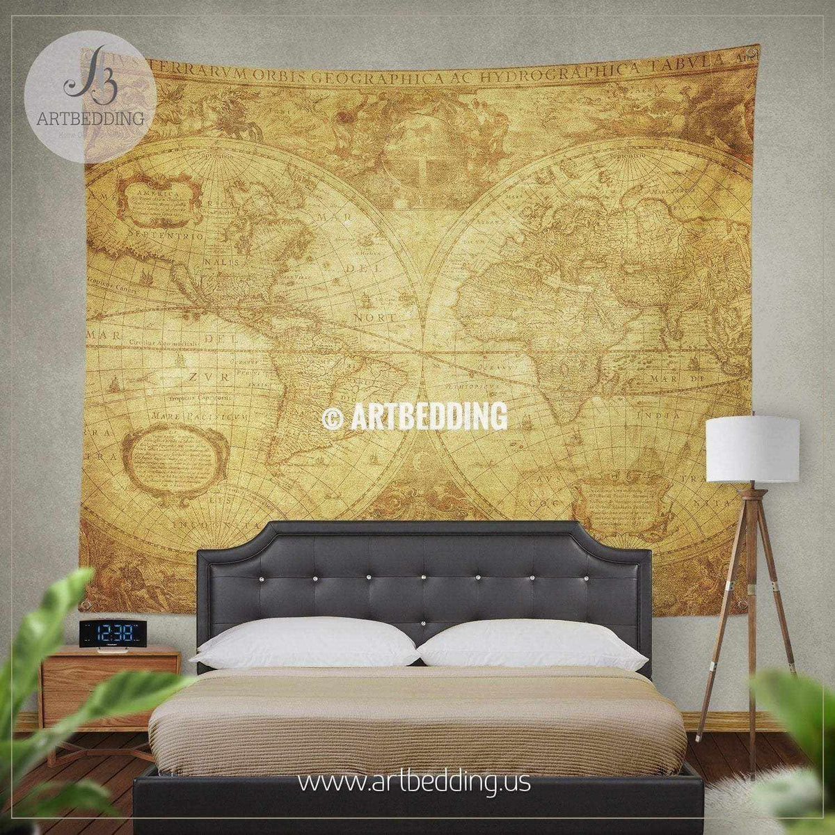 Vintage world map wall tapestry, vintage interior world map wall ...