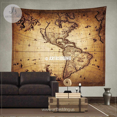 Ancient 1690 map of America wall tapestry, vintage interior world map wall hanging, old map wall decor, vintage map wall art print Tapestry