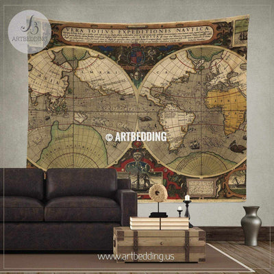 Ancient hemisphere map wall tapestry, vintage interior map wall hanging, old map wall decor, vintage map wall art print Tapestry