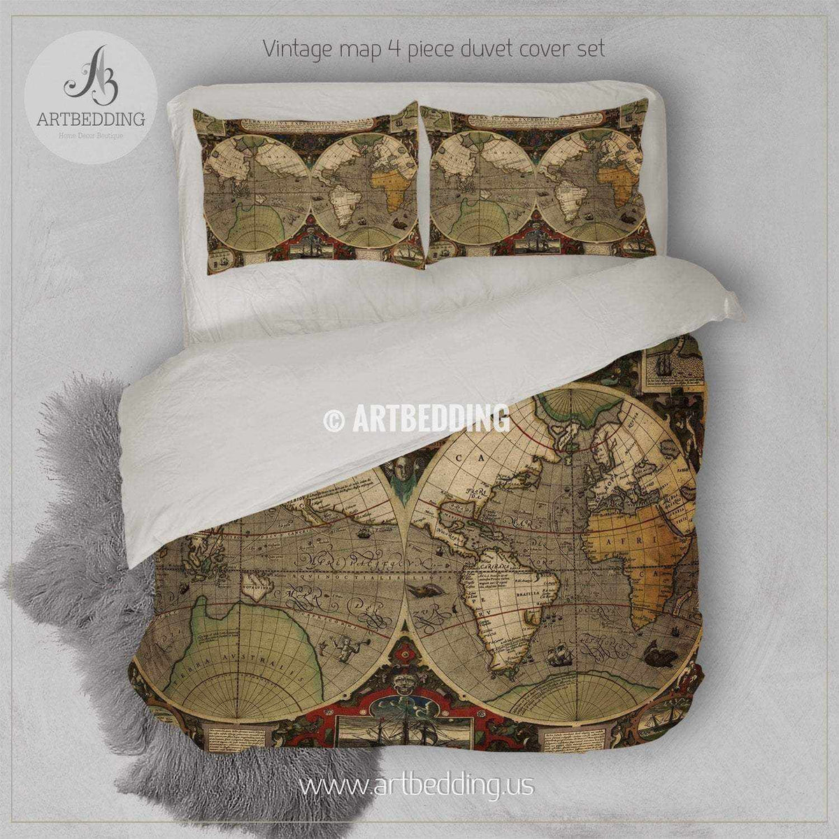 Ancient Map of World Hemisphere bedding, Vintage old map duvet cover s ...