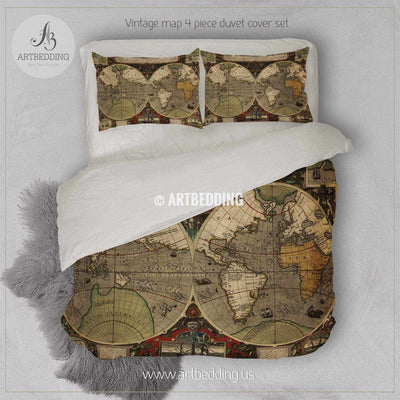 Ancient Map of World Hemisphere bedding, Vintage old map duvet cover set, Antique map comforter set Bedding set