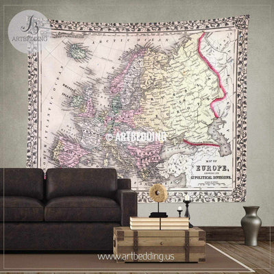 Antique Map of Europe 1870 wall tapestry, vintage interior map wall hanging, old map wall decor, vintage map wall art print Tapestry
