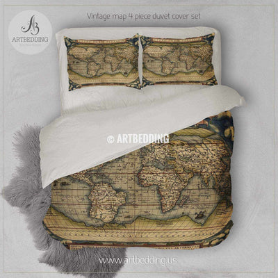 Antique Map of the World bedding, Vintage 1570 world map duvet cover set, Antique map comforter set Bedding set