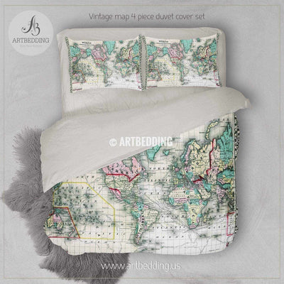 Antique World Map (1870) bedding, Vintage old map duvet cover, Antique map queen / king / full Bedding Set, Vintage map Duvet cover set Bedding set