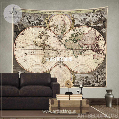 Antique world map wall tapestry, vintage world map wall hanging, vintage old map wall decor, Steampunk wall art print Tapestry