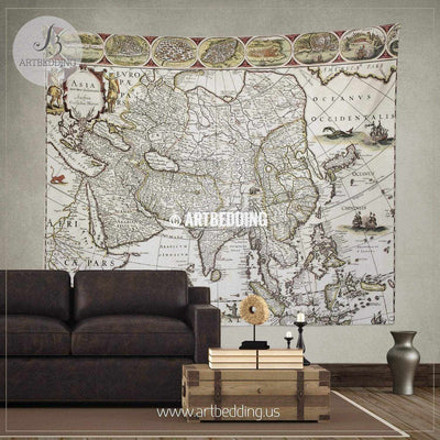 Asia old map 1650 wall tapestry, vintage interior map wall hanging, old map wall decor, vintage map wall art print Tapestry