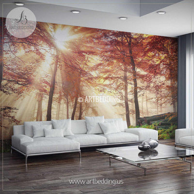 Autumn Sun-rays in Forest Wall Mural, Autumn Forest mill photo mural Self Adhesive Peel & Stick, Autumn wall mural wall mural