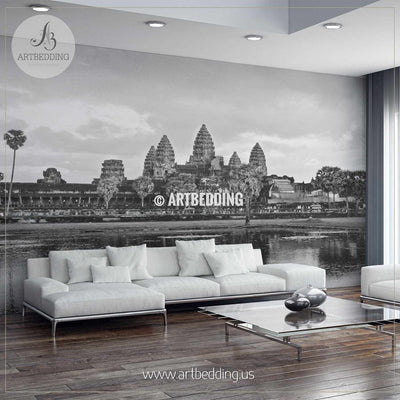Black and white shot of Angkor Wat in Siem Reap Province, Cambodia Wall Mural, Photo Mural, wall décor wall mural