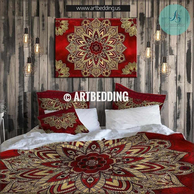 Bohemian bedding, Cherry red and gold Mandala duvet cover set, Deco mandala quilt cover set, Boho bedding, mandala bedspread Bedding set