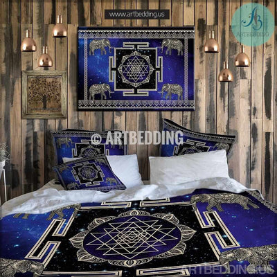 Bohemian bedding, Sacred Yantra duvet cover set, Elephant mandala symbol bedding set, Bohemian decor Bedding set