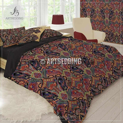 Bohemian Indian burgundy red paisley bedding, Red Paisley duvet cover set, Traditional India boho paisley comforter set, bohemian bedroom decor Bedding set