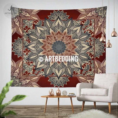 Bohemian TAPESTRY,  Burgundy red and dark teal mandala Wall hanging, Burgundy Red and beige Mandala Wall Decor, Mandala Indie Tapestry, artbedding wall art Tapestry