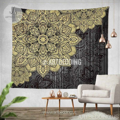 Bohemian Tapestry, Gold Mandala tapestry wall hanging, bohemian decor, bohochic golden vintage decor Tapestry