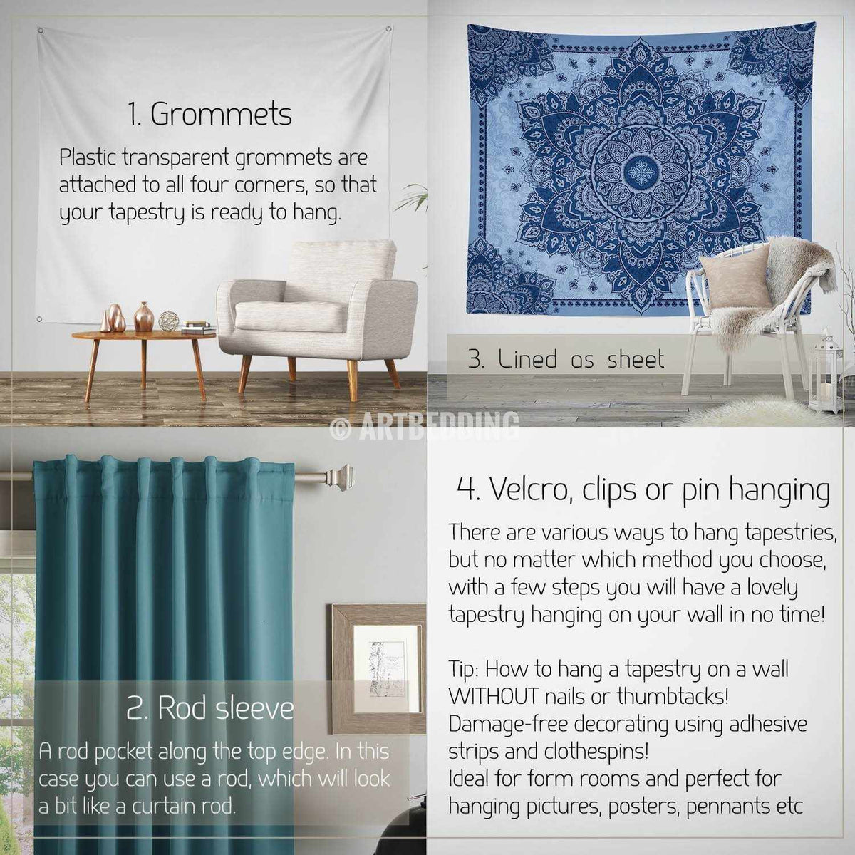 Bohemian TAPESTRY, Indigo blue mandala Wall hanging, Boho Mandala Wall  Decor, Mandala Indie Tapestry, artbedding wall art