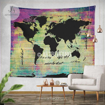 Bohemian World map watercolor wall Tapestry, Grunge world map wall tapestry,Hippie tapestry wall hanging, bohemian wall tapestries, Modern watercolor map tapestries, Watercolor grunge bohemian decor Tapestry