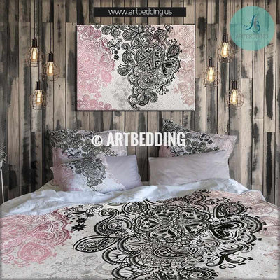 Boho bedding, Pink and black bedding, Rose gold metallic foil effect bedding set, Bohochic bedding set, Indie bohemian duvet cover set, bohemian decor Bedding set