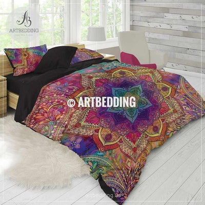 Boho bedding, Rainbow Mandala bedding, Rainbow chakra colors paisley mandala comforter set, bohemian bedroom decor Bedding set
