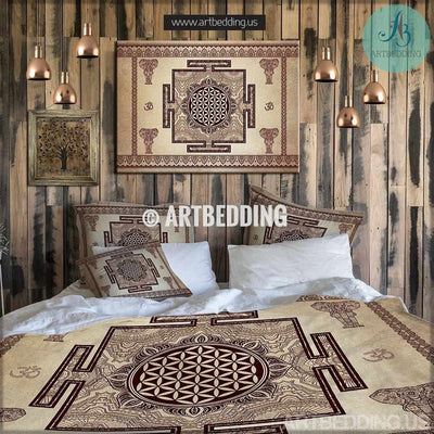Boho bedding, Sacred Mandala Flower of Life duvet cover set, Sacred Yantra meditation bedding, Elephant OM symbol bedding set, Bohemian decor, artbedding art Bedding set
