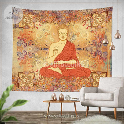 Boho budha Tapestry, Sacred Yantra wall tapestry, Hippie tapestry wall hanging, Om sacred symbol art wall tapestry, Spiritual bohemian decor Tapestry