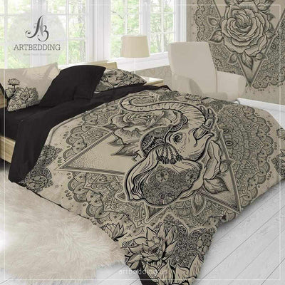 Boho Elephant bedding, Indie elephant mandala duvet cover set, mandala lotus bedspread Bedding set