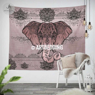 Boho Elephant Tapestry, Rose Gold elephant lotus wall tapestry, Hippie tapestry wall hanging, bohemian wall tapestries, Boho wall decor Tapestry
