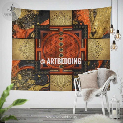 Boho flower of life wall Tapestry, Sacred Yantra Om wall tapestry, Elephant talisman spiritual tapestry wall hanging, Spiritual bohemian decor Tapestry