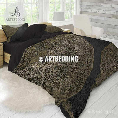 Boho mandala bedding, Black and gold Mandala bedding, Gold mandala comforter set, bohemian bedroom decor Bedding set