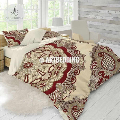 Boho mandala bedding, Red and beige Mandala bedding, Blood red mandala comforter set, bohemian bedroom decor Bedding set