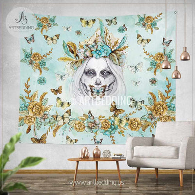 Boho Skull sugar girl wall tapestry, Wartercolor skull boho wall hanging, Green and gold wildflowers wall art print, Butterflies boho wall tapestries Tapestry