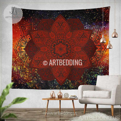 Boho tapestry, Lotus mandala Tapestry, Red galaxy Mandala tapestry wall hanging, bohemian decor, boho chic decor Tapestry