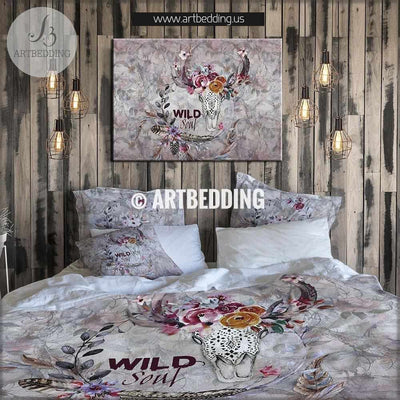 Boho totem bedding, Watercolor deer skull duvet bedding set, totem animal spiritual bedding, Wildflowers skull bedroom decor Bedding set