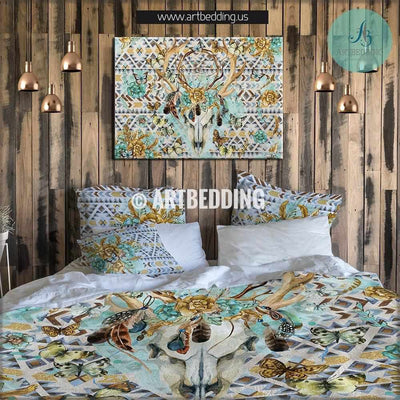 Boho totem dreamcatcher bedding set, Watercolor deer skull duvet bedding set, Deer head dreamcatcher bedding, butterflies boho bedspread Bedding set