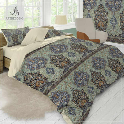 Boho vintage bedding, Indie merlot red and hazelnut beige duvet cover set, Traditional India boho comforter set, boho bedroom decor Bedding set