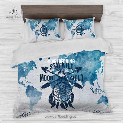 Boho Watercolor world map dreamcatcher bedding, Dreamcatcher blue duvet cover set, Boho Stay Wild comforter set Bedding set