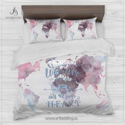 Boho world map bedding, Watercolor map quote duvet cover set, Modern travel map comforter set Bedding set