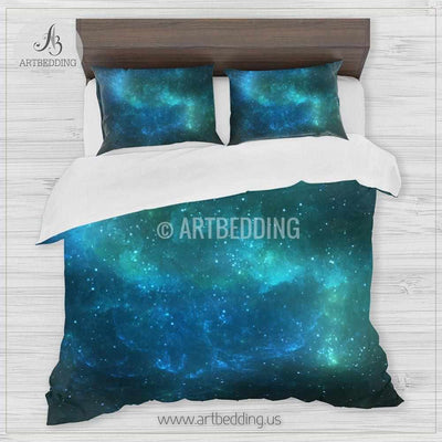 Deep Space bedding set, Fantasy abstract blue and green Nebula clouds with stars duvet cover set, Galaxy bedroom decor Bedding set