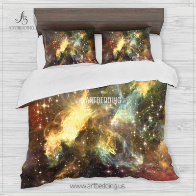 Deep Space bedding set, Fantasy abstract multi-color Nebula with stars duvet cover set, Galaxy bedroom decor Bedding set