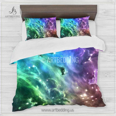 Deep space bedding set, Multicolor vibrant abstract Nebula clouds with stars duvet bedding set, Space moon bedroom decor Bedding set