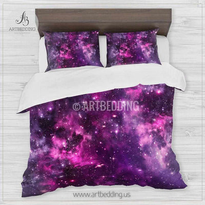 Deep Space bedding set, Purple and pink Nebula with stars duvet cover set, Galaxy bedroom decor Bedding set