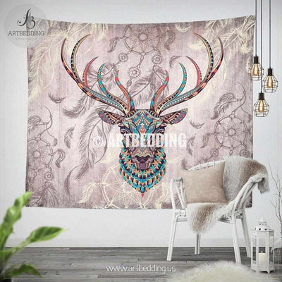 Deer Totem Zentangle Dreamcatcher wall tapestry, Deer wall hanging, Dreamcatcher wall art print, Deer head boho wall tapestries Tapestry
