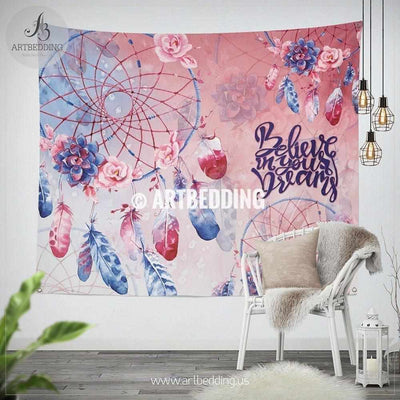 Dreamcatcher wall tapestry, Bohemian dreamcatcher with feathers wall hanging, Handpainted Dreamcatcher quote wall art print, boho wall tapestries Tapestry