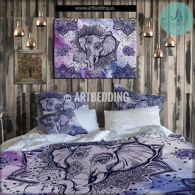 Elephant bedding, Bohemian lotus tattoo duvet cover set, Indie Ganesh head mandala bedding set, Boho elephant bedroom decor Bedding set