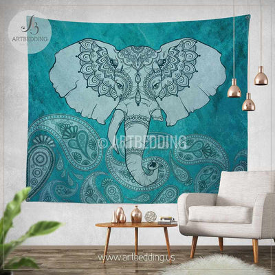 Elephant Tapestry, Ganesh Elephant wall hanging, Indie paisleys tapestry wall decor, Turquoise vintage bohemian wall tapestries, artbedding wall art Tapestry