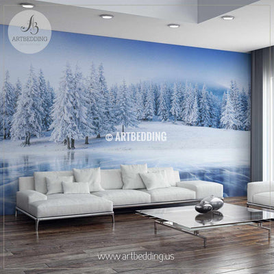 Frozen lake with cracks on the surface under a blue sky Wall Mural, Self Adhesive Peel & Stick wall mural wall mural